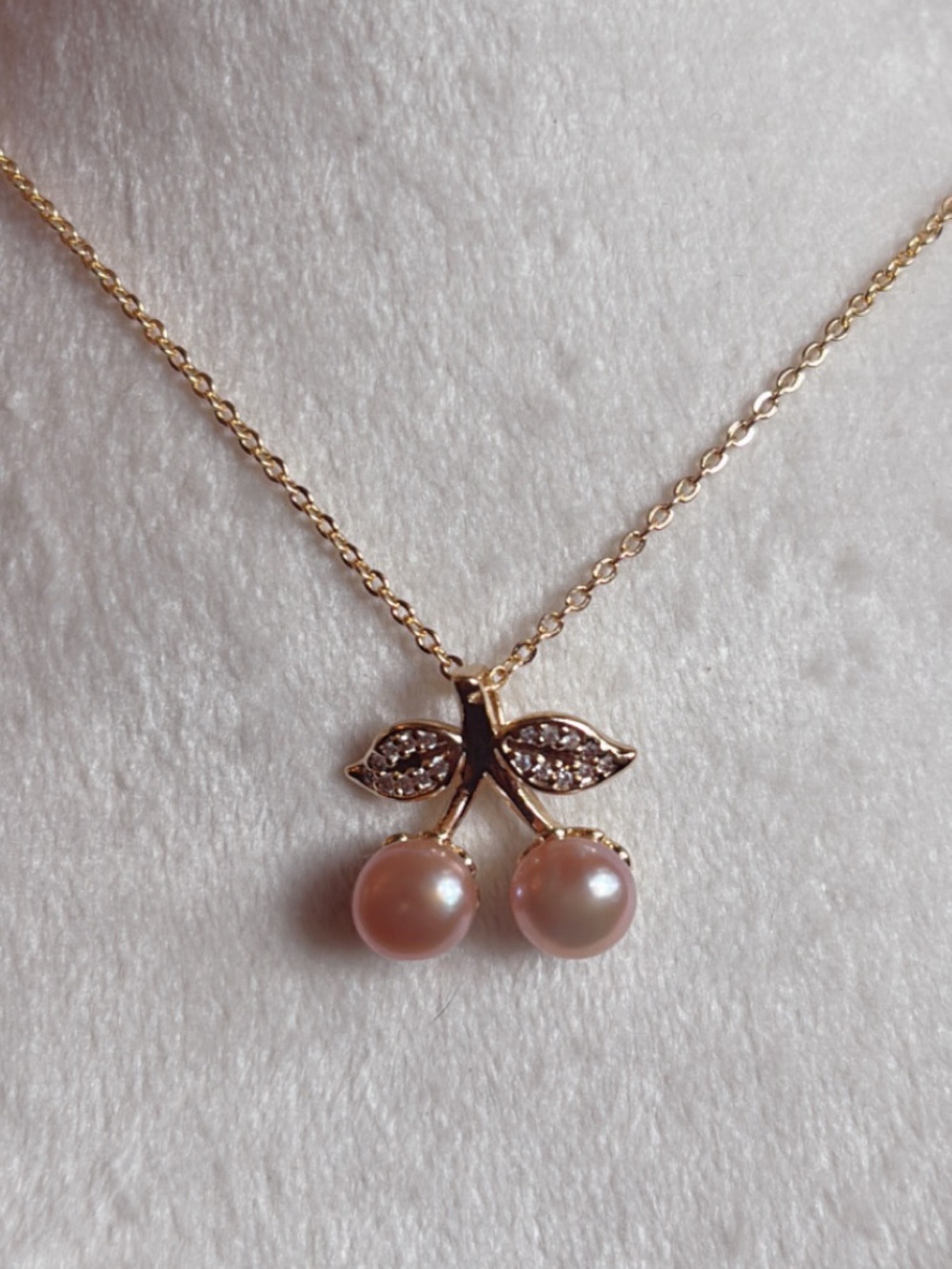 18K Gold Pearl Cherry Pendant Necklace in Pink | 2 freshwater pearls | 925 SS